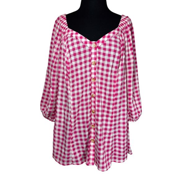 Torrid Fit & Flare Rayon Slub Button Up 3/4 Sleeve Gingham Peasant Top Size 1X - Picture 2 of 15